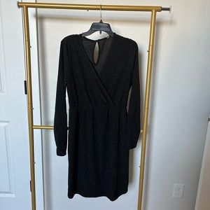 Pink blush maternity dress. Black shimmer, cinch waist, V neck